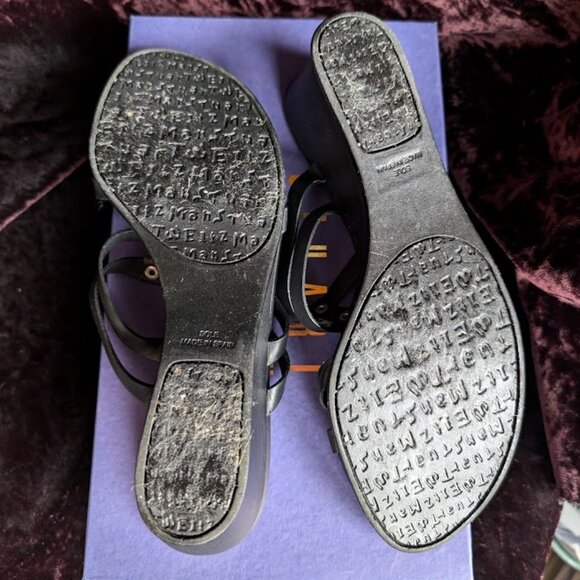 Stuart Weitzman Wedge Heels Black Strappy Silver Accent Slides Comfortable Style - Picture 9 of 16